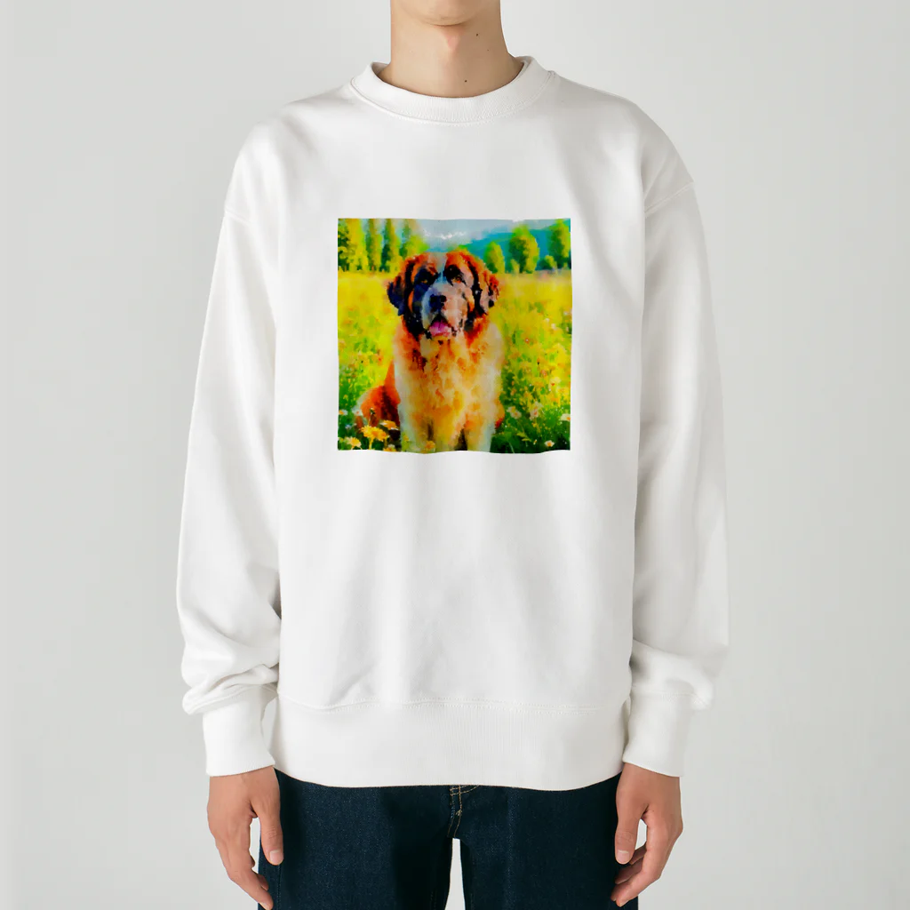 犬好きのしましまの水彩画の犬 花畑のセントバーナードのイラスト Heavyweight Crew Neck Sweatshirt