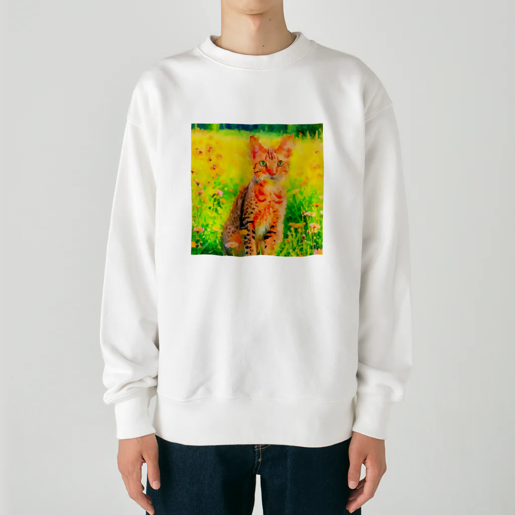 猫好きの谷の猫の水彩画/花畑のオシキャットねこのイラスト/キジトラネコ Heavyweight Crew Neck Sweatshirt