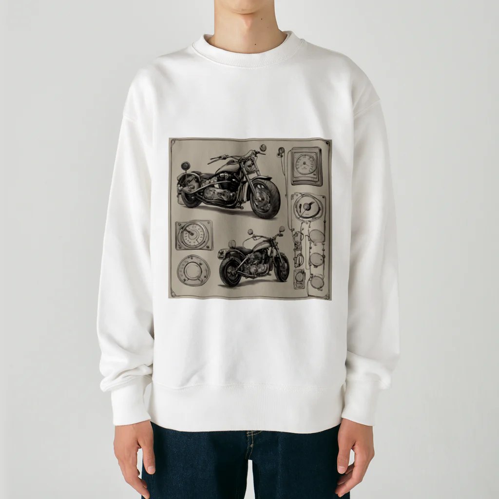 the blue seasonのクラシックバイクの設計図と計器類 Heavyweight Crew Neck Sweatshirt