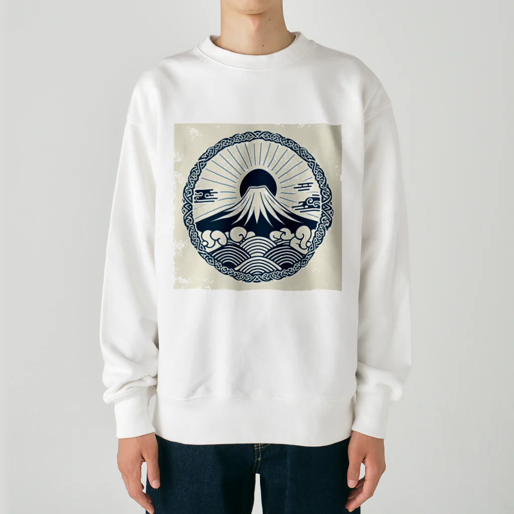 Cool Japanese CultureのMinimalist Traditional Japanese Motif Featuring Mount Fuji and Seigaiha Patterns Heavyweight Crew Neck Sweatshirt