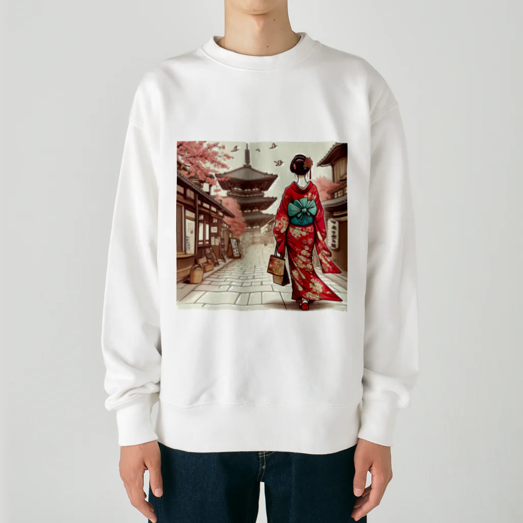 yuchijapanの京都を歩く着物美人イラスト Heavyweight Crew Neck Sweatshirt