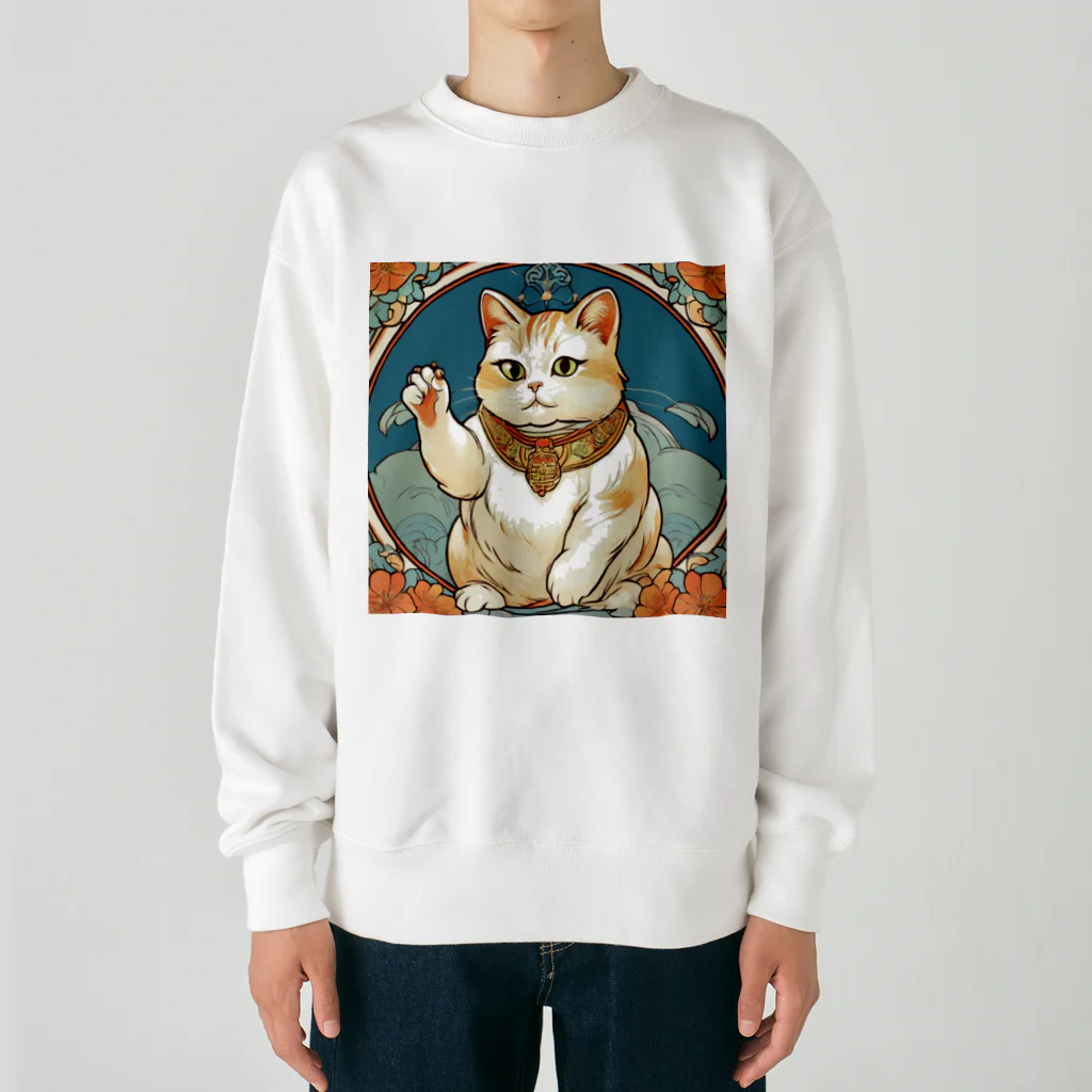 ゆまちゃんの開運雑貨屋さんの夜のミュシャ風招き猫 Heavyweight Crew Neck Sweatshirt