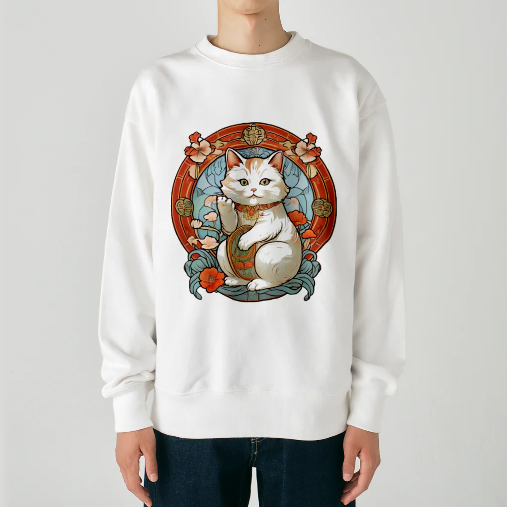 ゆまちゃんの開運雑貨屋さんのカモーンキャット？欧米の招き猫ミュシャ風 Heavyweight Crew Neck Sweatshirt