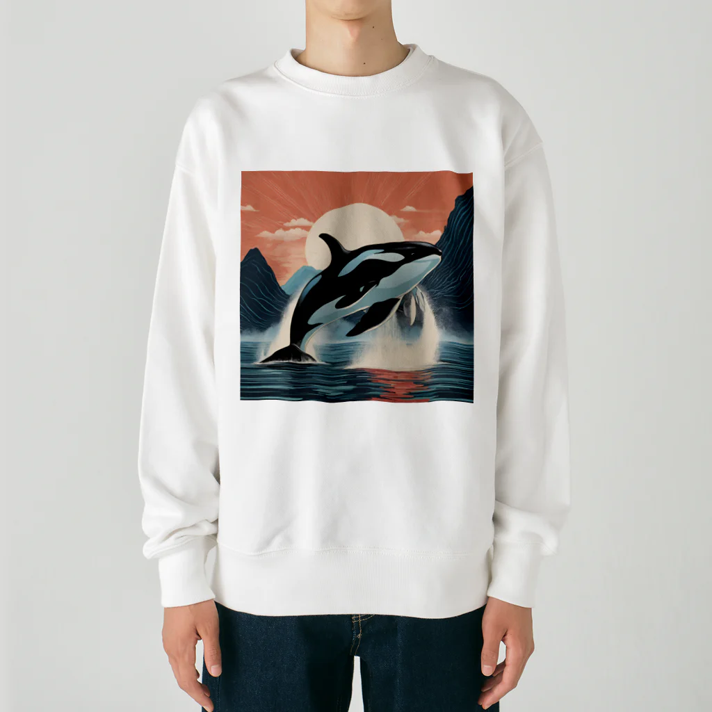 はちみつあめの夕日のシャチ Heavyweight Crew Neck Sweatshirt