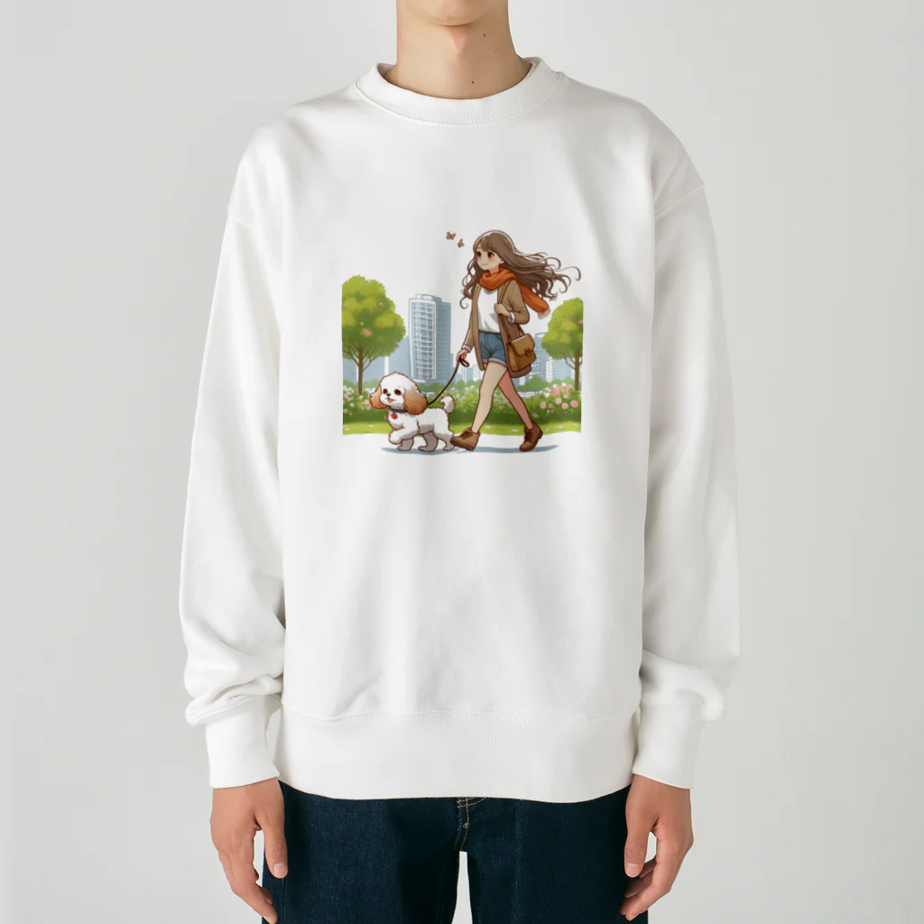 南国のかわいい犬と散歩をする女性 Heavyweight Crew Neck Sweatshirt