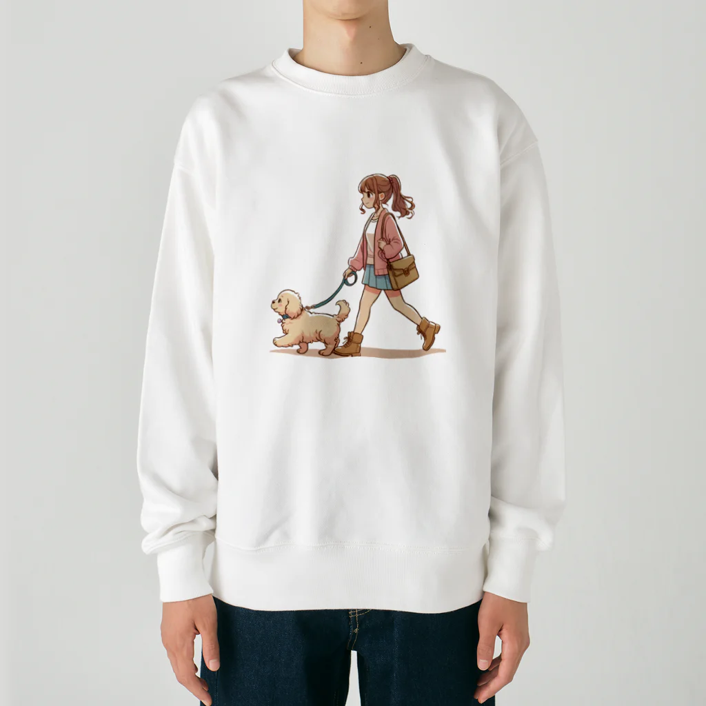 南国のかわいい犬と散歩をする女性 Heavyweight Crew Neck Sweatshirt