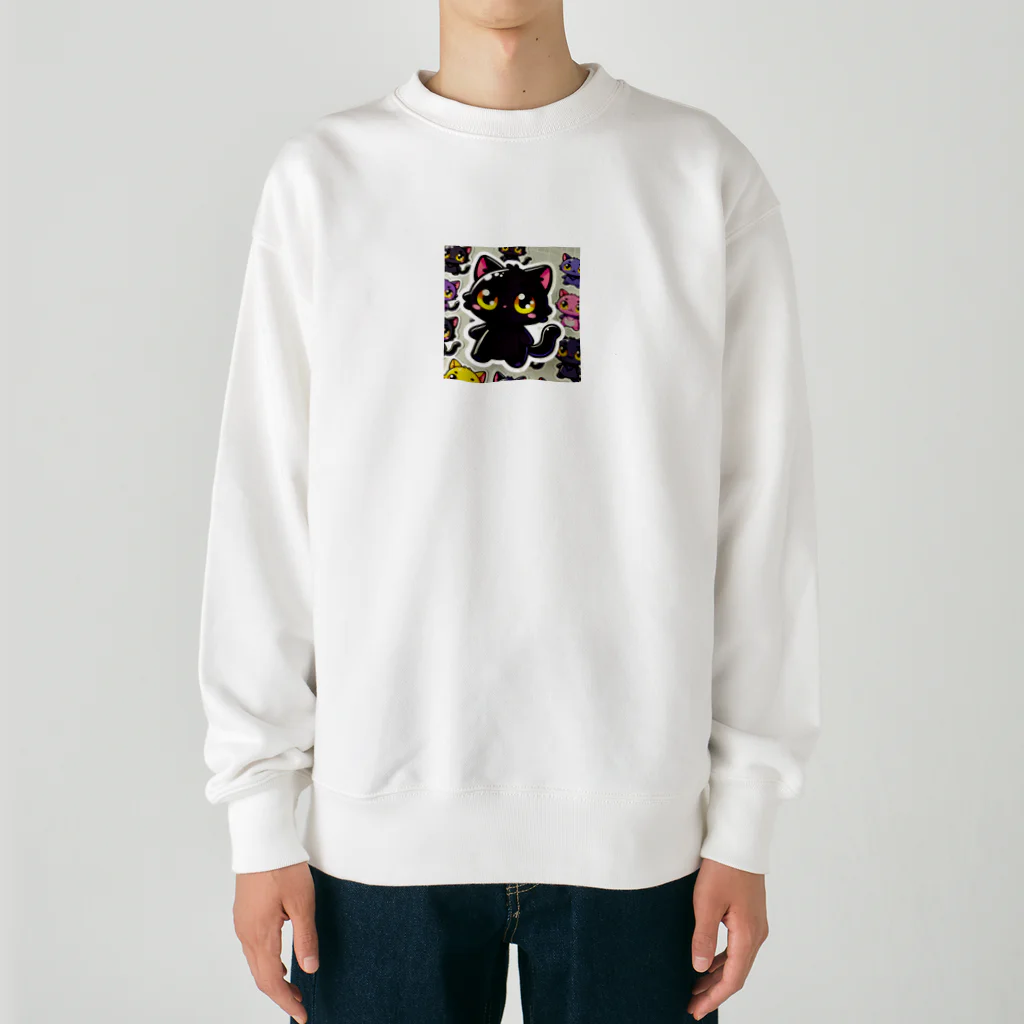 hiiro_catの魅惑の黒猫が、カラフルな背景と調和してかわいさを放つシーン Heavyweight Crew Neck Sweatshirt