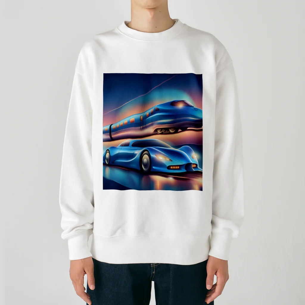 ro kuの青い車と新幹線 Heavyweight Crew Neck Sweatshirt