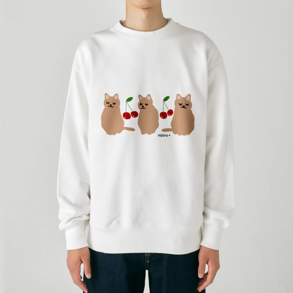 虹色PLUSのおすましキュートな猫ちゃんとサクランボ ブラウンラー Heavyweight Crew Neck Sweatshirt