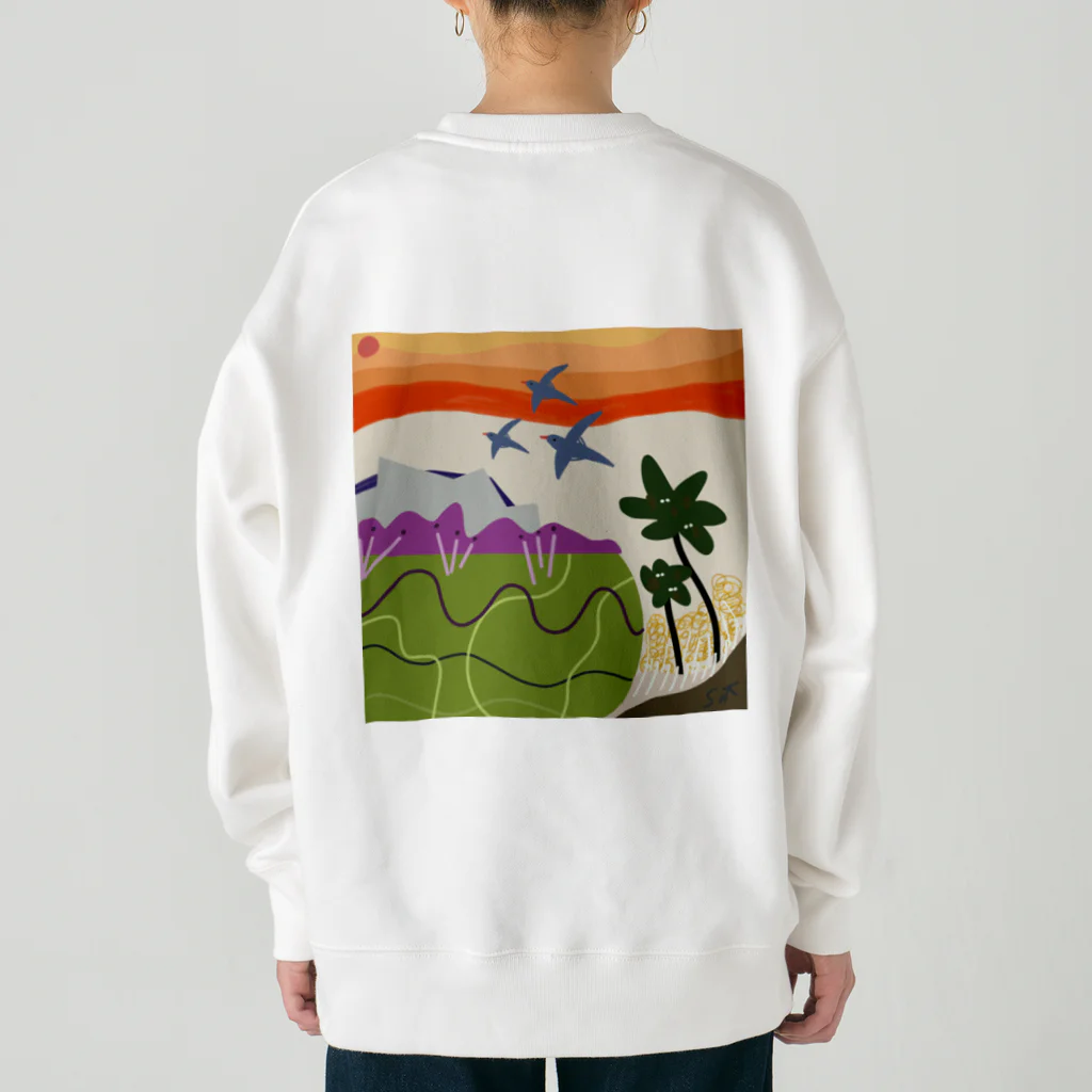 らくがき子さんのものづくり工房の夕日とトリたち Heavyweight Crew Neck Sweatshirt