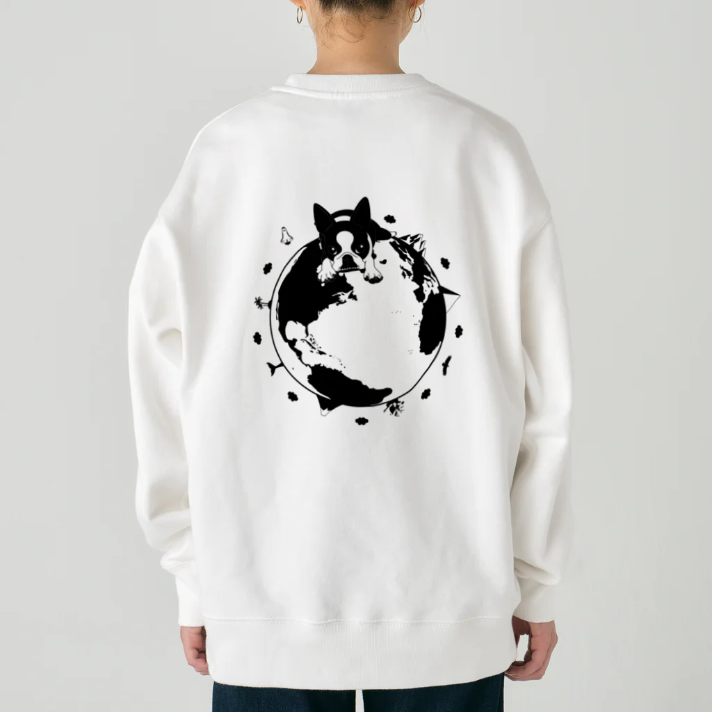 コチ(ボストンテリア)のバックプリント:ボストンテリア(地球モノクロ)[v2.8k] Heavyweight Crew Neck Sweatshirt