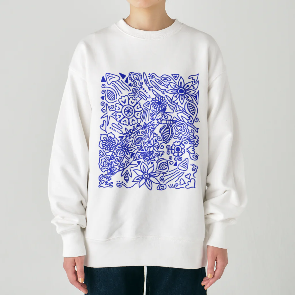 ヘナアートと海の生き物の海なペイズリーアート　青 Heavyweight Crew Neck Sweatshirt