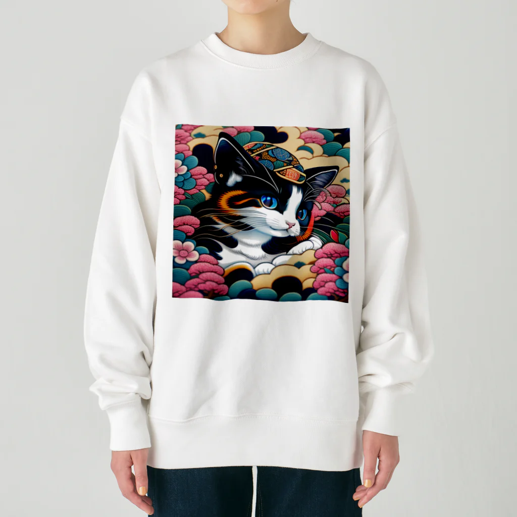 マッケンデジタルワールドの葛飾猫斎　猫名黒雪　浮世絵lofiアートパンクシティ　かわいいねこ Heavyweight Crew Neck Sweatshirt