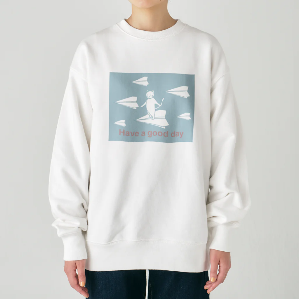 soraのHave a good day 紙飛行機に乗った猫のさぶろう Heavyweight Crew Neck Sweatshirt