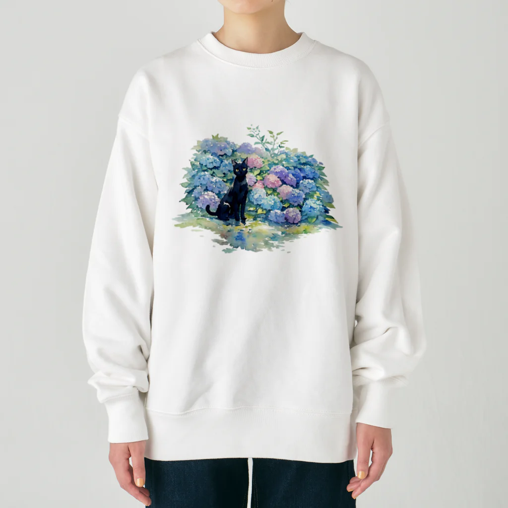 yuuの黒猫と紫陽花 Heavyweight Crew Neck Sweatshirt