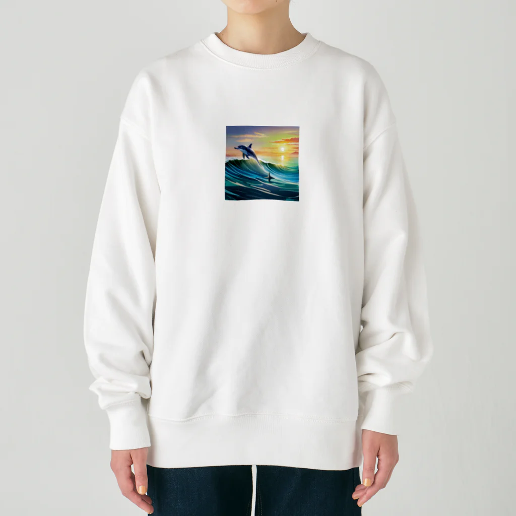 itacyoko(AIイラスト屋)の夕暮れで飛ぶイルカ Heavyweight Crew Neck Sweatshirt