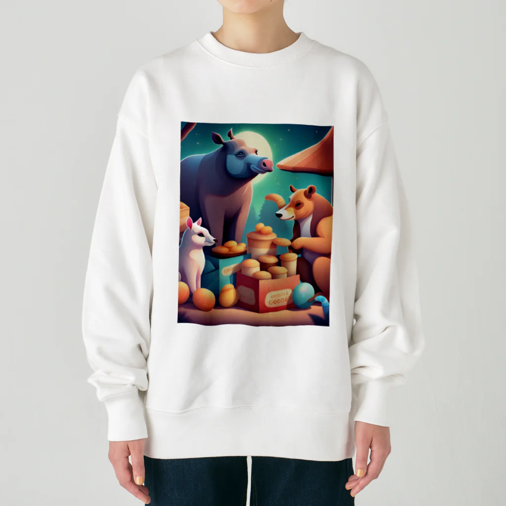 動物のオシャレ屋の夜空の下で食卓を囲む動物たち Heavyweight Crew Neck Sweatshirt