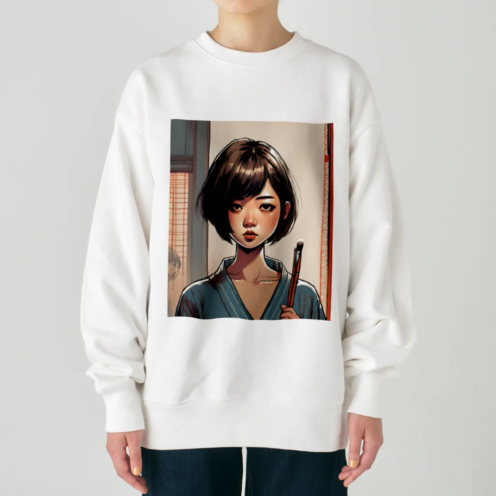 ワンダーワールド・ワンストップのおかっぱ頭のミステリアスな女性画家 Heavyweight Crew Neck Sweatshirt