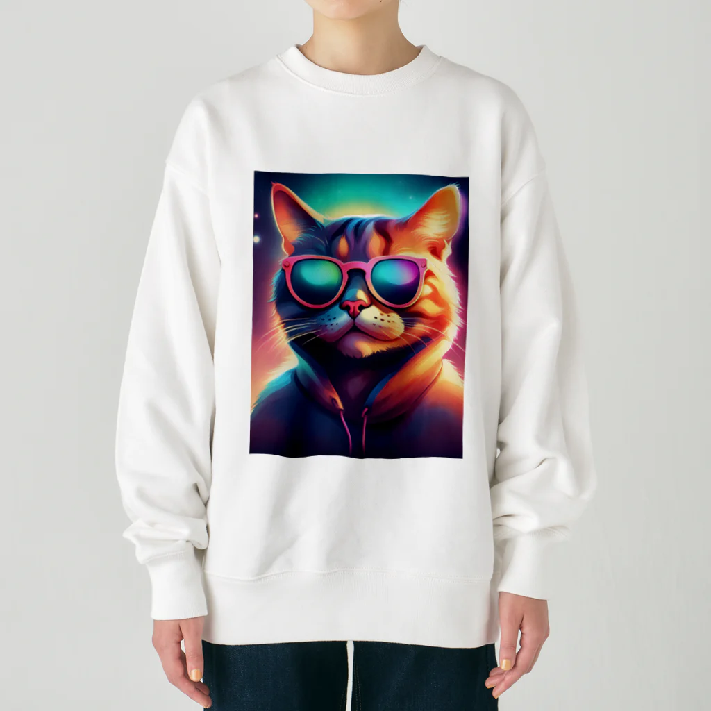 動物のオシャレ屋のサングラスをしている猫 Heavyweight Crew Neck Sweatshirt