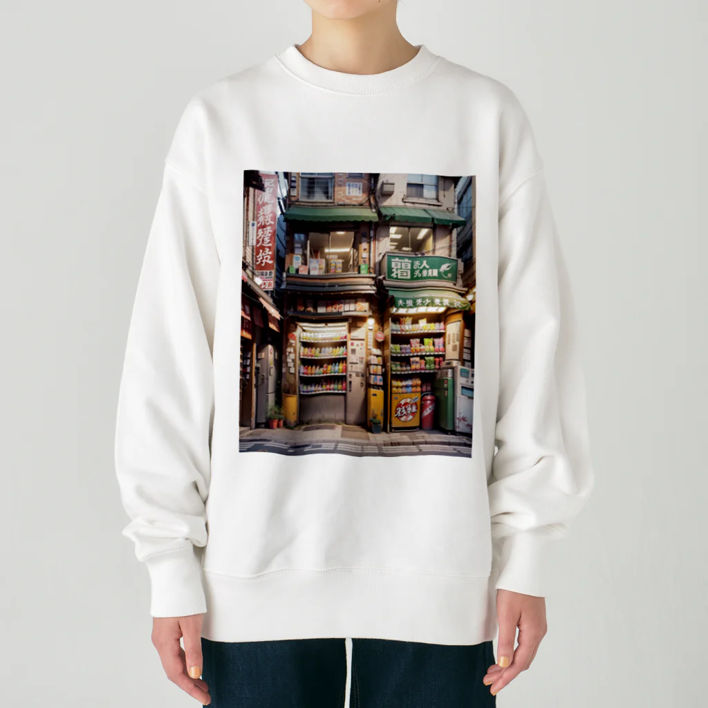 ワンダーワールド・ワンストップのアニメ調コンパクトなアジアのレトロな繁華街 Heavyweight Crew Neck Sweatshirt