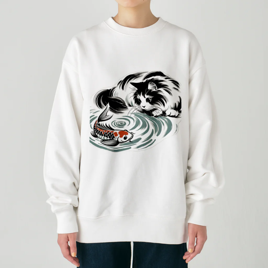 MakotOの猫と鯉（水墨画風） Heavyweight Crew Neck Sweatshirt