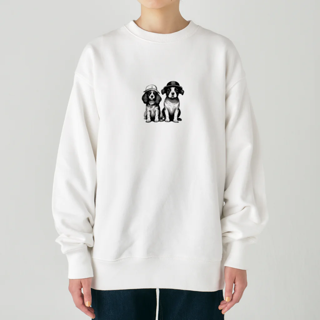 動物夫婦イラスト屋さんの帽子を被った犬夫婦 Heavyweight Crew Neck Sweatshirt