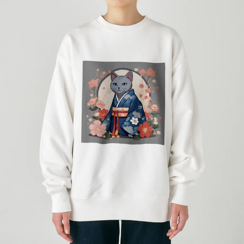 coco_peroのお正月の着物を着たロシアンブルーの猫ちゃんグッズ Heavyweight Crew Neck Sweatshirt