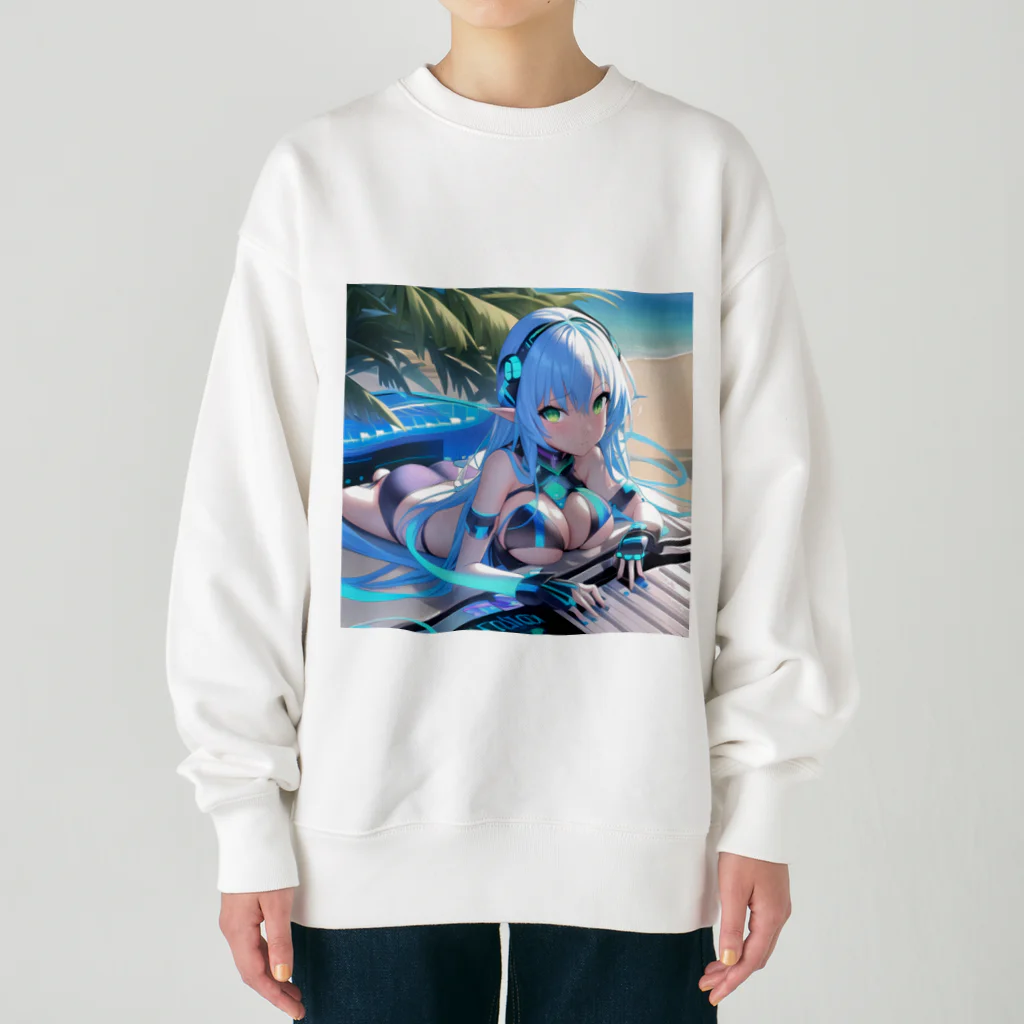 シロクマペンギンのエルフのサイバーピアニストの夏休み Heavyweight Crew Neck Sweatshirt