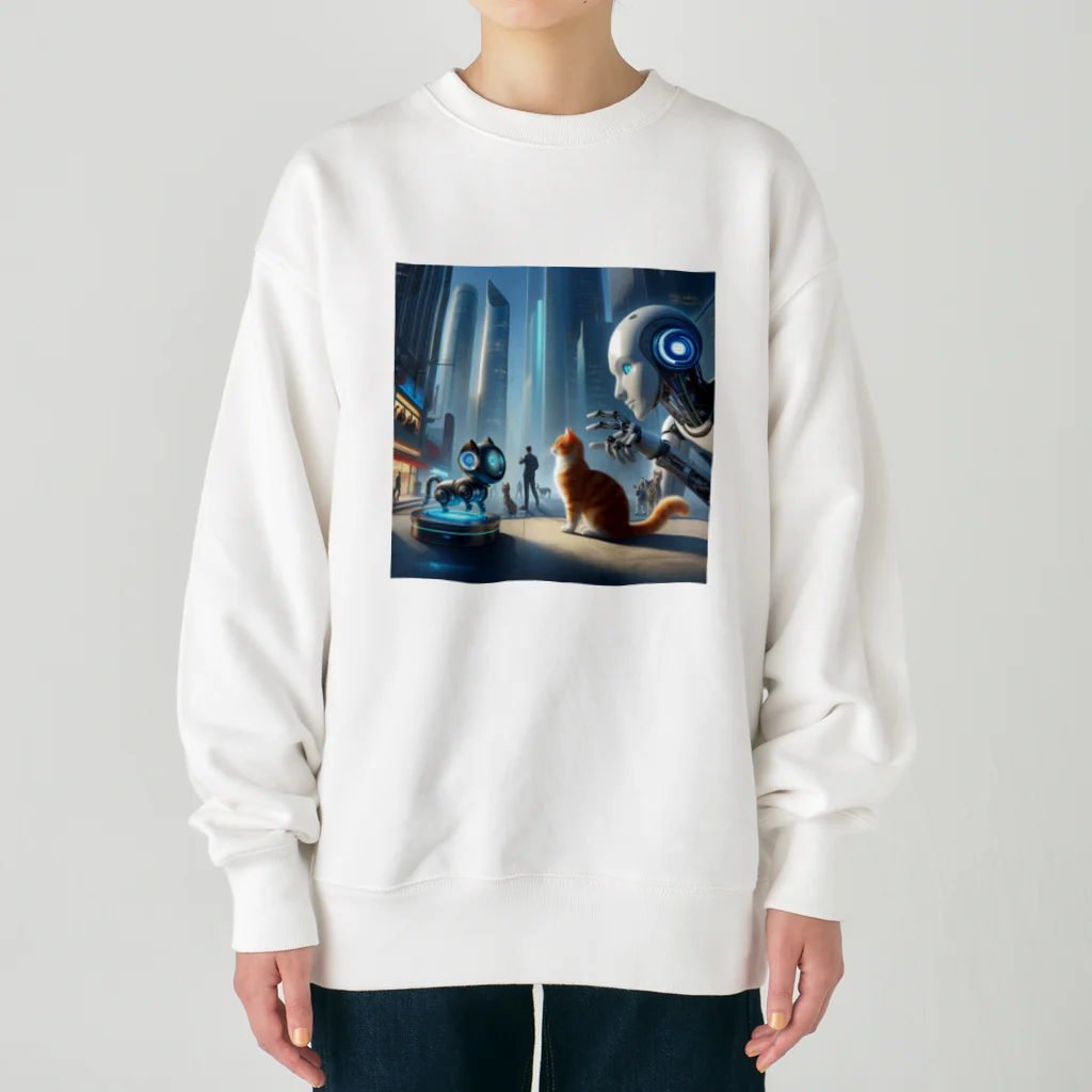 ニャーちゃんショップの未来のロボットペットと友達になっている猫 Heavyweight Crew Neck Sweatshirt