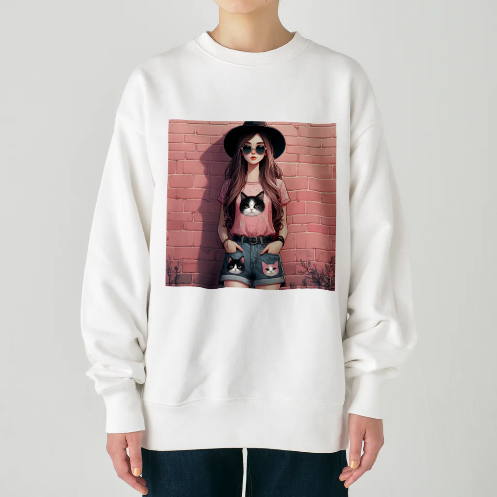 SaltyCookie Design Worksの猫好きの女の子のファッション(1) Heavyweight Crew Neck Sweatshirt