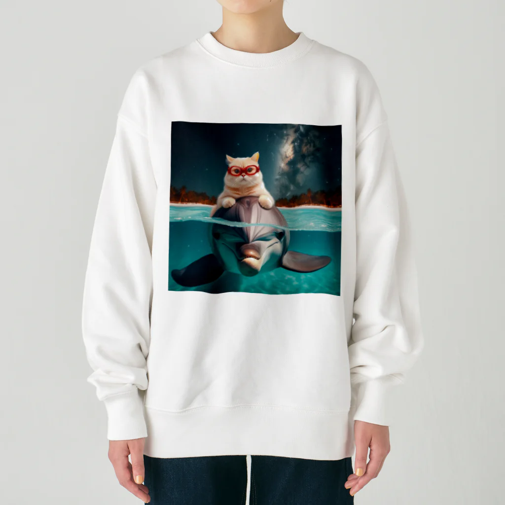 猫と紡ぐ物語のイルカと猫が海を共に泳ぐ異種間の絆が存在 Heavyweight Crew Neck Sweatshirt