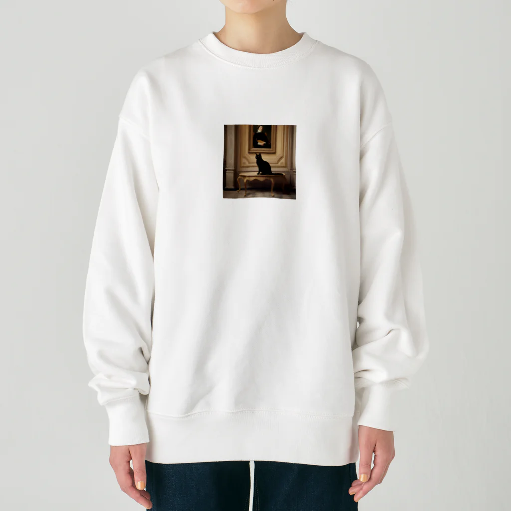 pinoko4143の絵画をバックにたたずむ黒猫 Heavyweight Crew Neck Sweatshirt