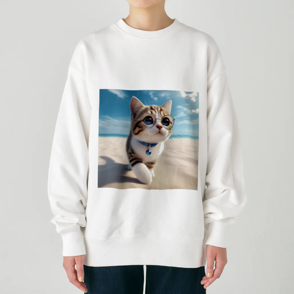 猫と紡ぐ物語の南国の海辺を歩く勇ましさに胸キュン猫 Heavyweight Crew Neck Sweatshirt