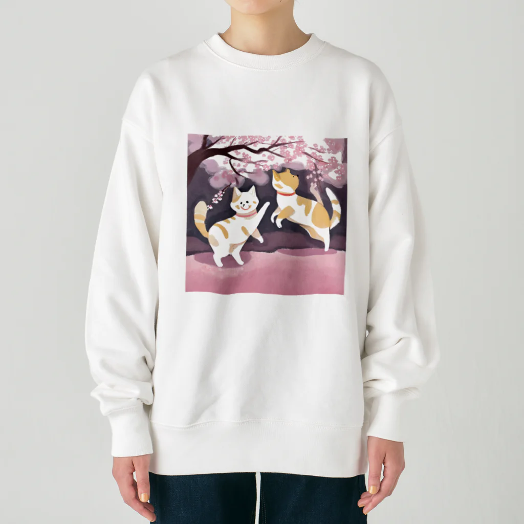 Shironekokuuの桜で遊ぶ犬と猫 Heavyweight Crew Neck Sweatshirt