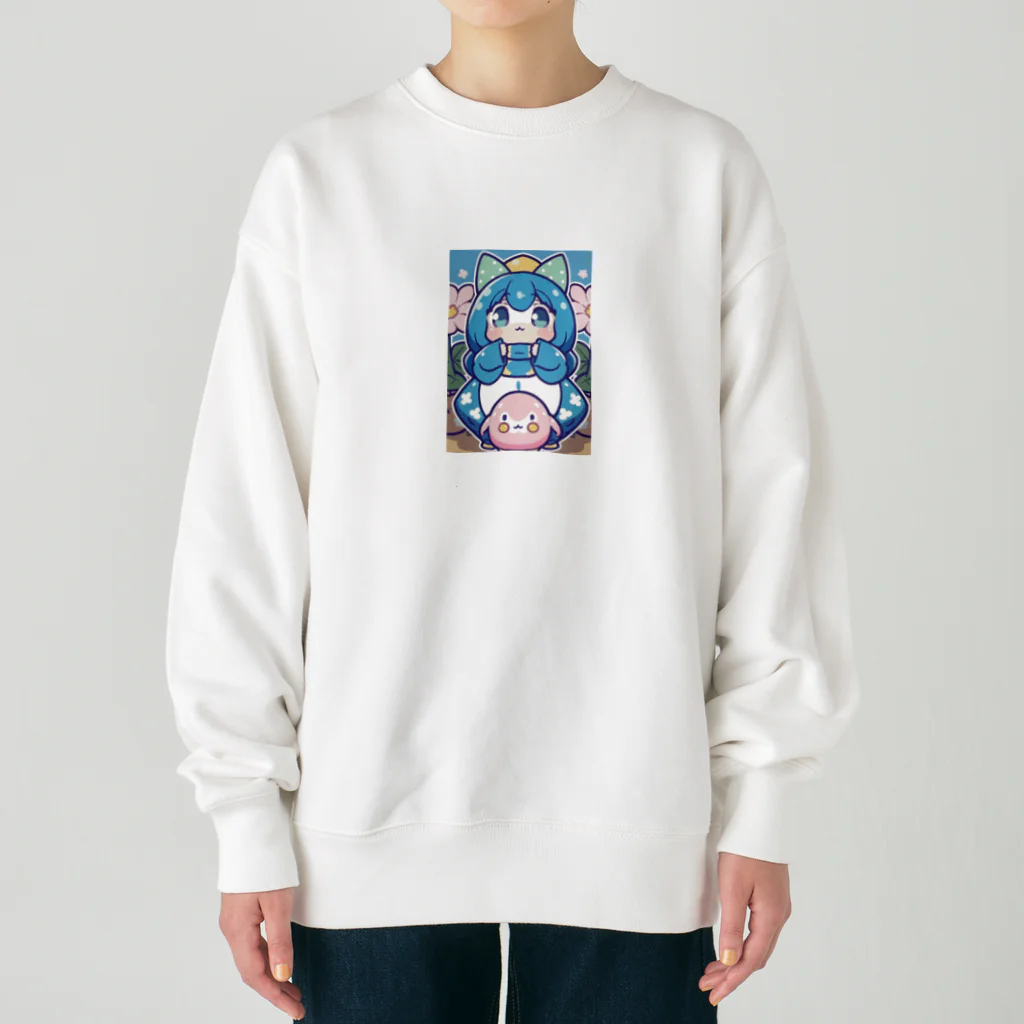 カピパーラ🐻の青い髪の姫とピンクのかわいい生物♪ Heavyweight Crew Neck Sweatshirt