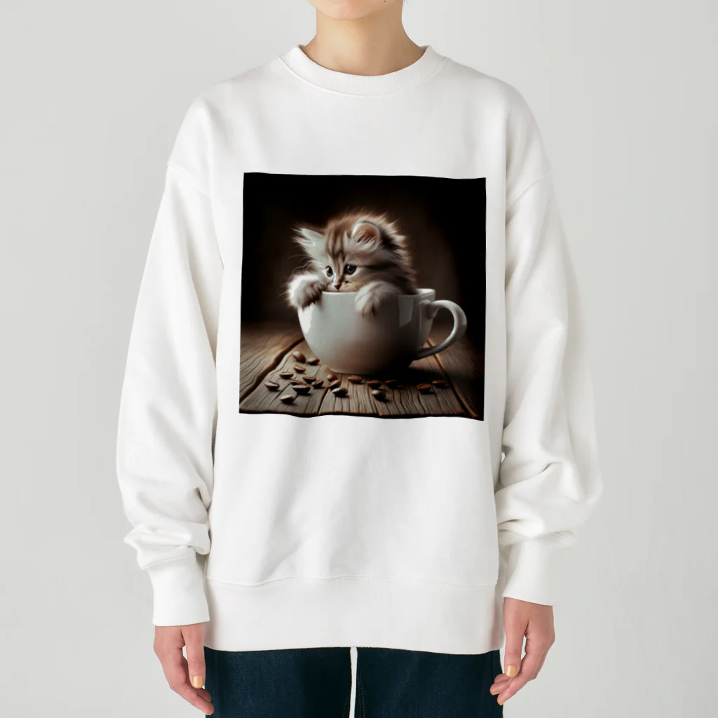 IloveCatのふわふわ子猫とカフェのおしゃれなコーヒーカップ Heavyweight Crew Neck Sweatshirt