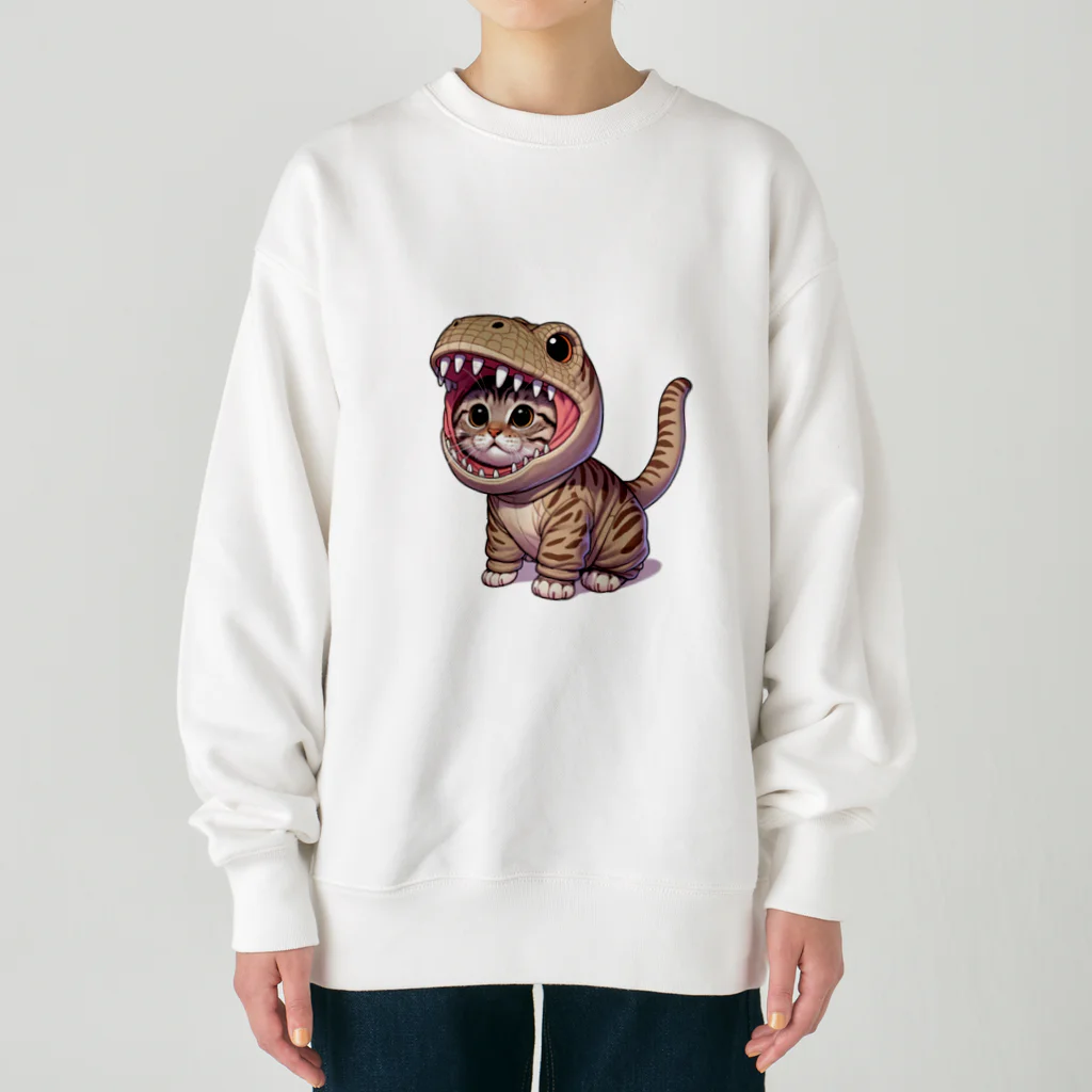 IloveCatの子猫がティラノサウルスのフードを被っている Heavyweight Crew Neck Sweatshirt