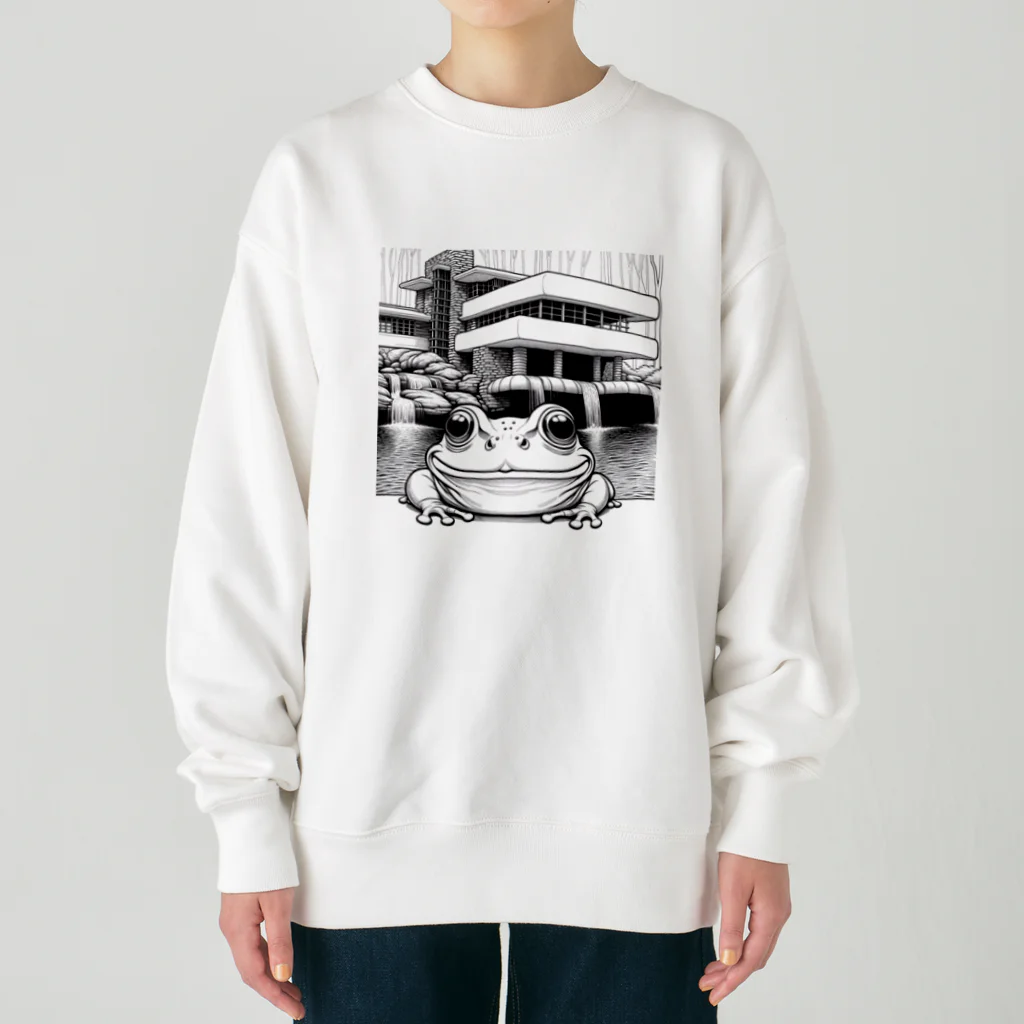 archifrogの落水荘風の建築物に佇むカエル Heavyweight Crew Neck Sweatshirt