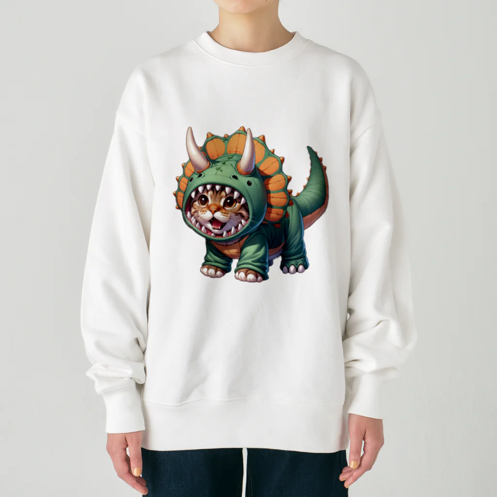 IloveCatのトリケラトプスのフードを被った子猫 Heavyweight Crew Neck Sweatshirt