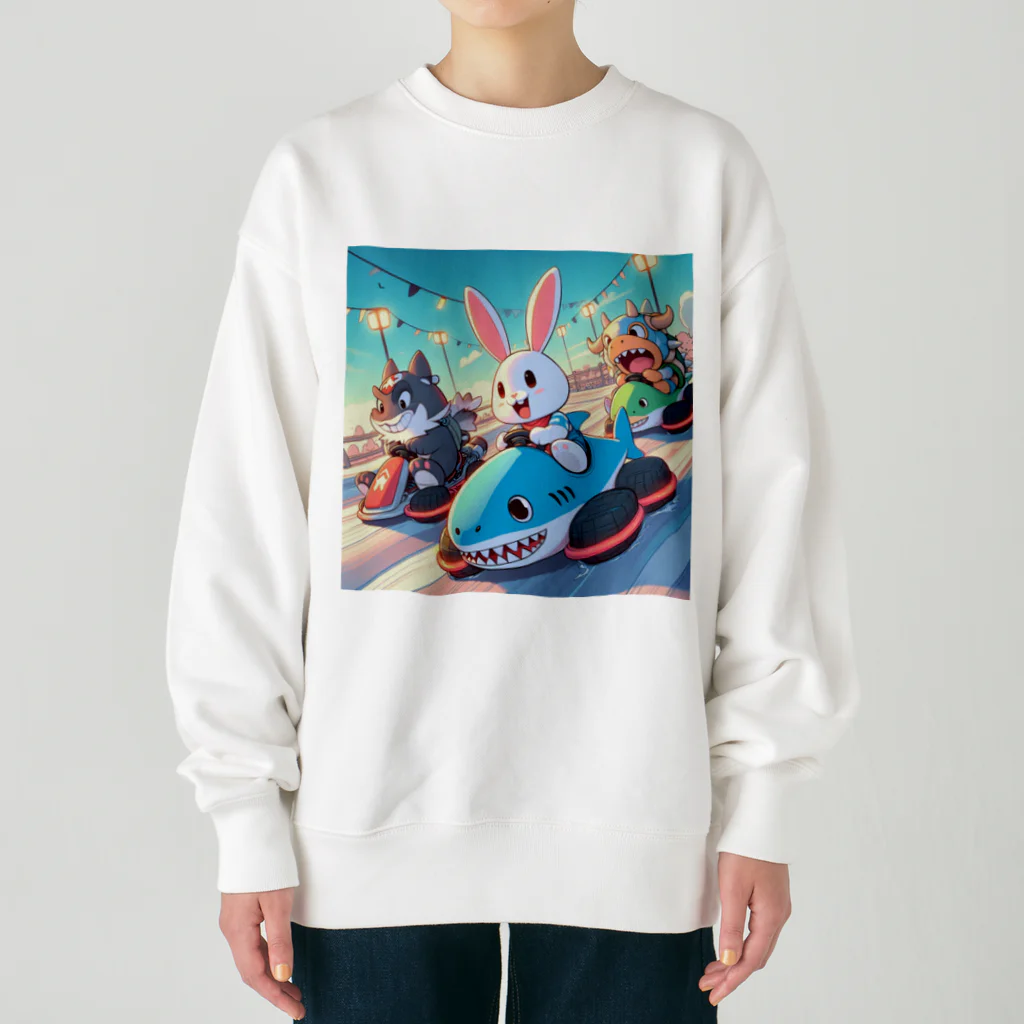 takoyakimagicのカワイイうさぎとクールな牛が、まるでマリオカートのようなスピード感を楽しむカーレース中！ Heavyweight Crew Neck Sweatshirt