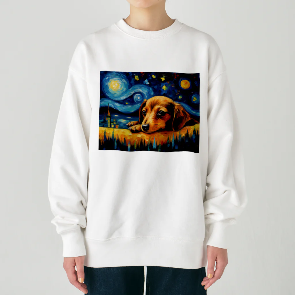 Dog Art Museumの【星降る夜 - ダックスフンド犬の子犬 No.3】 Heavyweight Crew Neck Sweatshirt