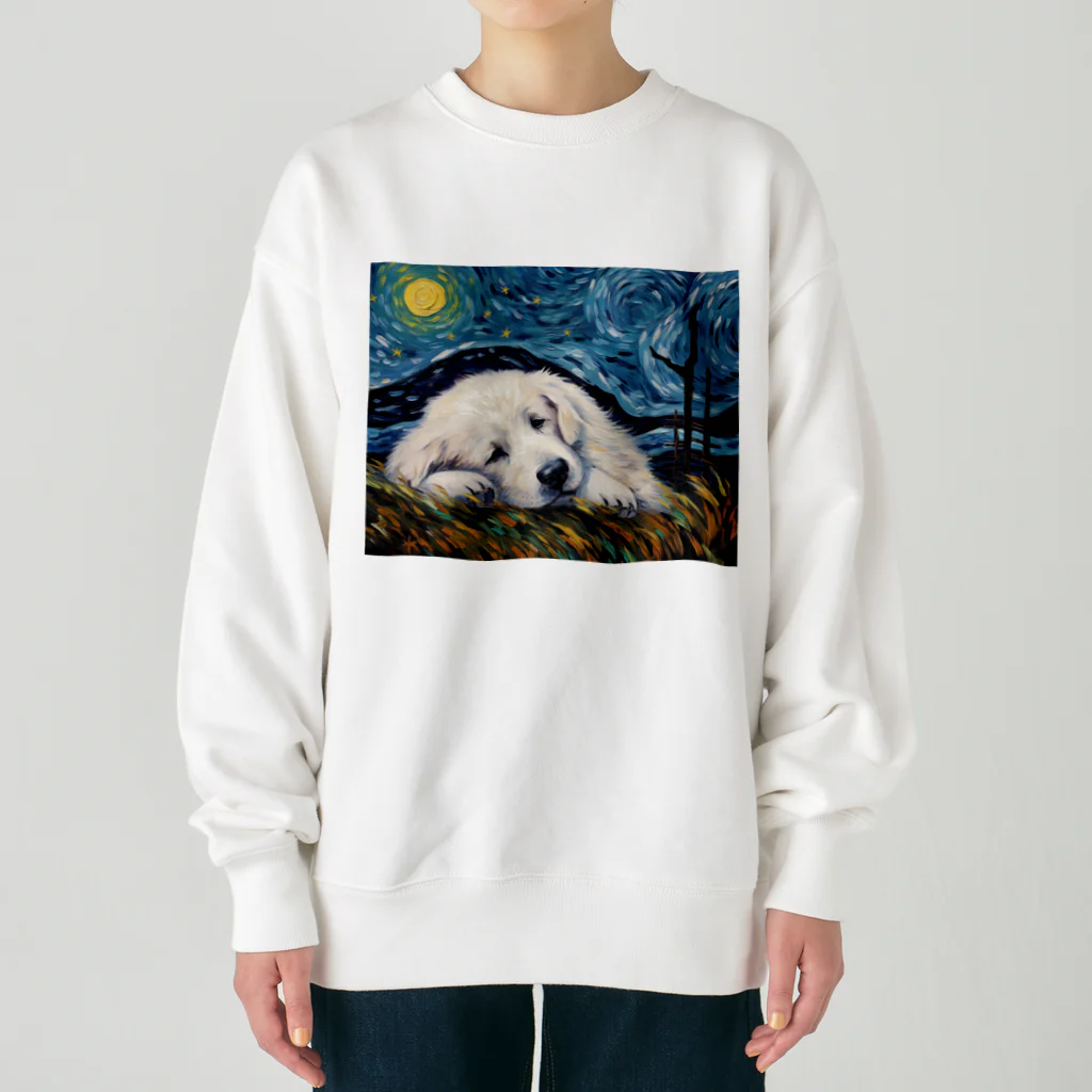 Dog Art Museumの【星降る夜 - グレートピレニーズ犬の子犬 No.3】 Heavyweight Crew Neck Sweatshirt