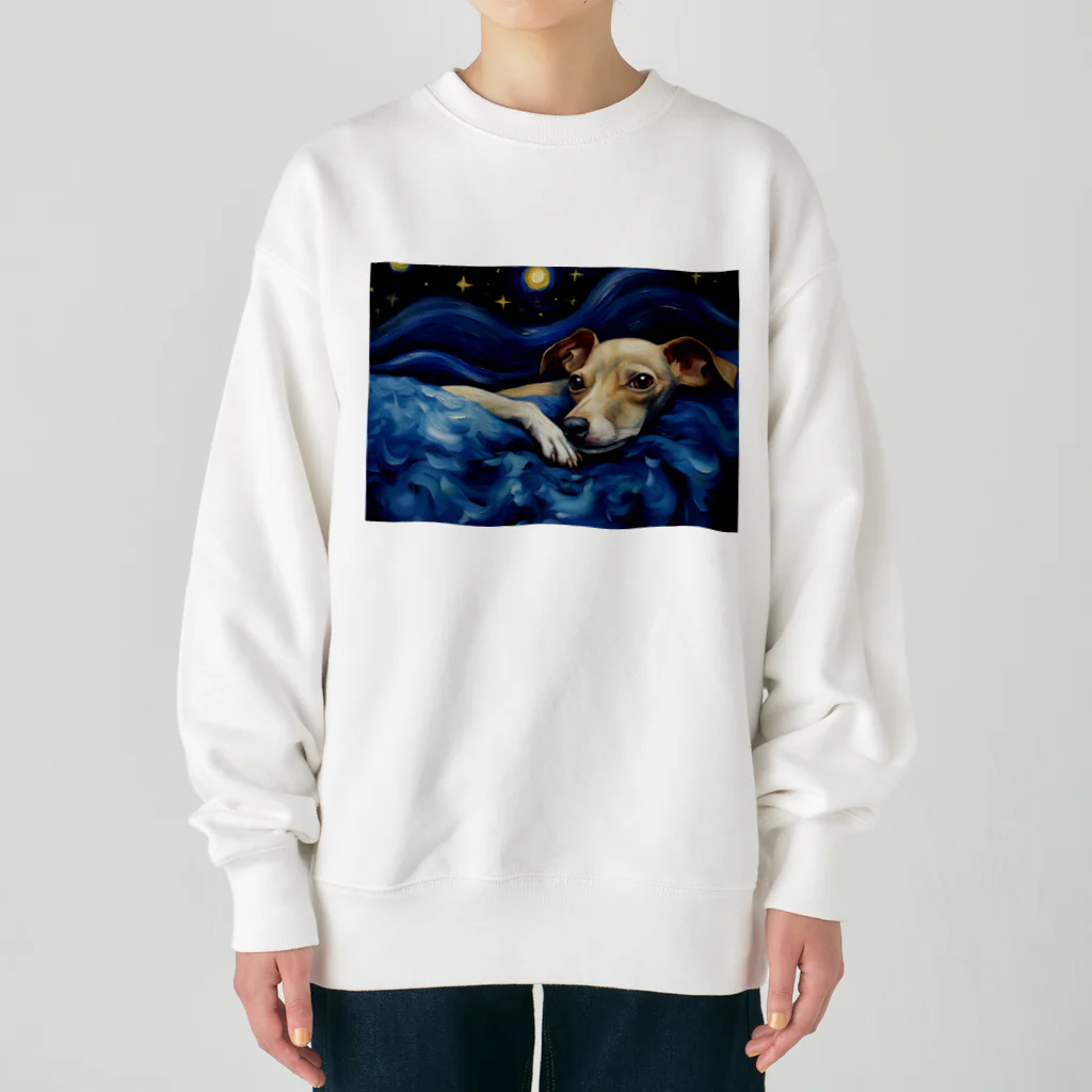 Dog Art Museumの【星降る夜 - イタリアングレーハウンド犬の子犬 No.3】 Heavyweight Crew Neck Sweatshirt