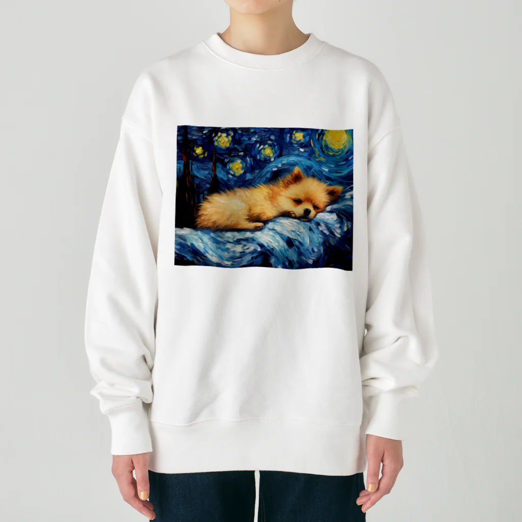 Dog Art Museumの【星降る夜 - ポメラニアン犬の子犬 No.3】 Heavyweight Crew Neck Sweatshirt