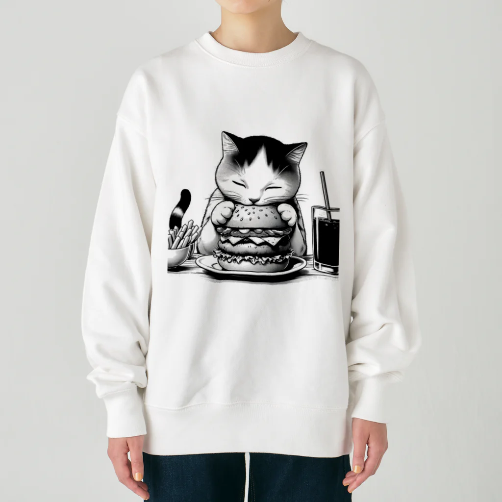 cat_burger_streetのモノクロ_ハンバーガーを食べる猫 Heavyweight Crew Neck Sweatshirt