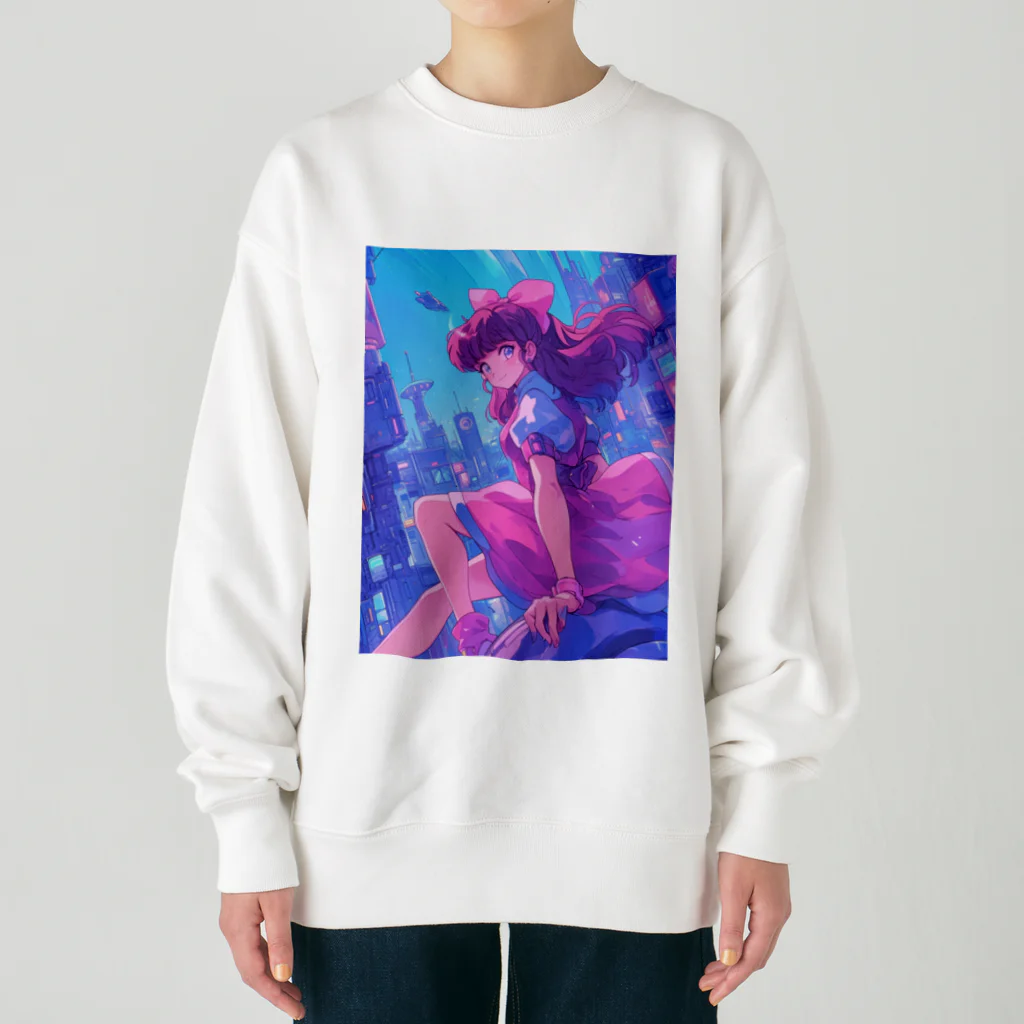 シロクマペンギンの昭和レトロアニメ風近未来ガール Heavyweight Crew Neck Sweatshirt