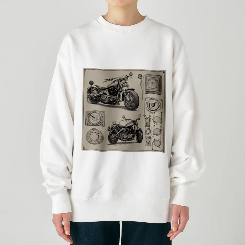 the blue seasonのクラシックバイクの設計図と計器類 Heavyweight Crew Neck Sweatshirt