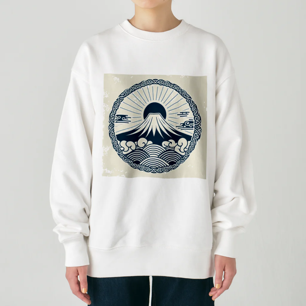 Cool Japanese CultureのMinimalist Traditional Japanese Motif Featuring Mount Fuji and Seigaiha Patterns ヘビーウェイトスウェット