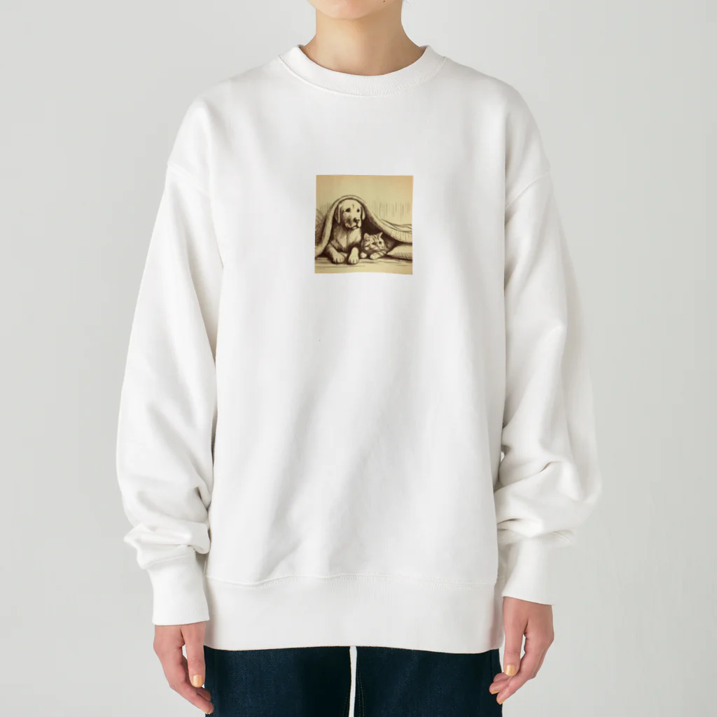 R Uの仲良しペア：犬と猫のくつろぎタイム Heavyweight Crew Neck Sweatshirt