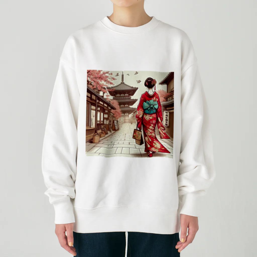 yuchijapanの京都を歩く着物美人イラスト Heavyweight Crew Neck Sweatshirt